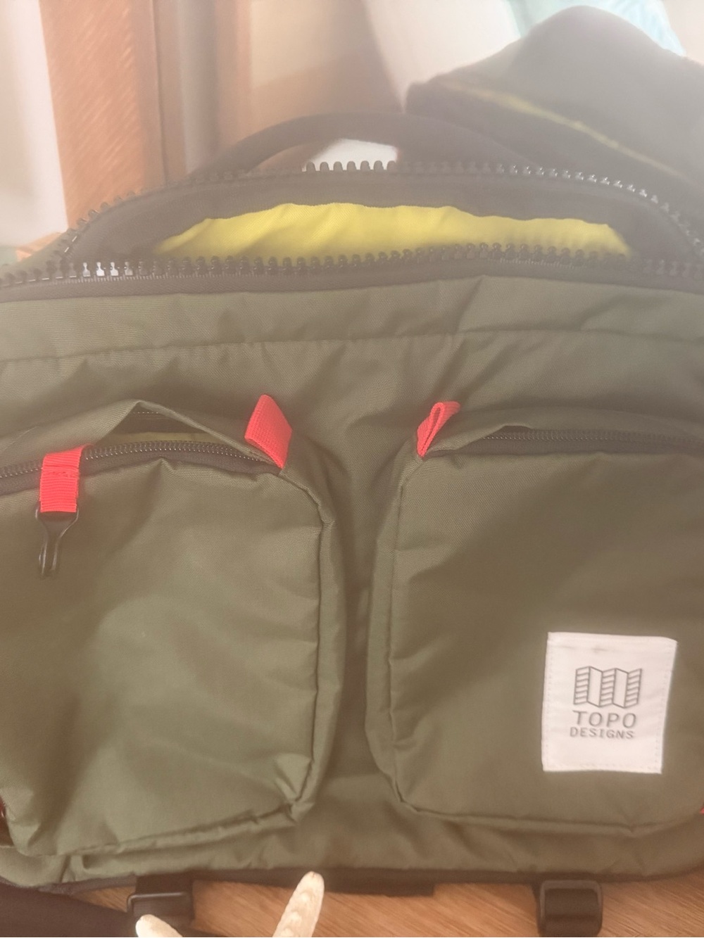 Topo Designs Olive Green 3-way Carry Messenger Bag/Backpack with Red Accents